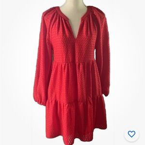 NWT Skies are Blue Jacquard Pattern Red V Neck Tiered Dress XS Roomy Fit $98